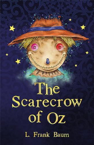 Illustration of a scarecrow’s face with button eyes, book cover for "The Scarecrow of Oz".