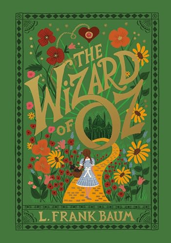 Book cover illustration of Dorothy walking on a yellow brick road toward a castle.
