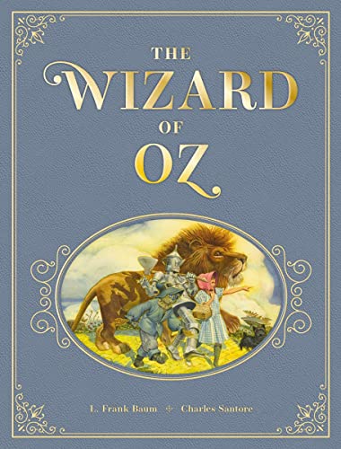 Blue leather-bound book cover featuring Dorothy, Lion, Scarecrow, and Tin Man.