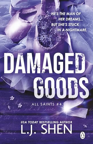 Book cover: "Damaged Goods" with pointe shoes and purple, starry background.