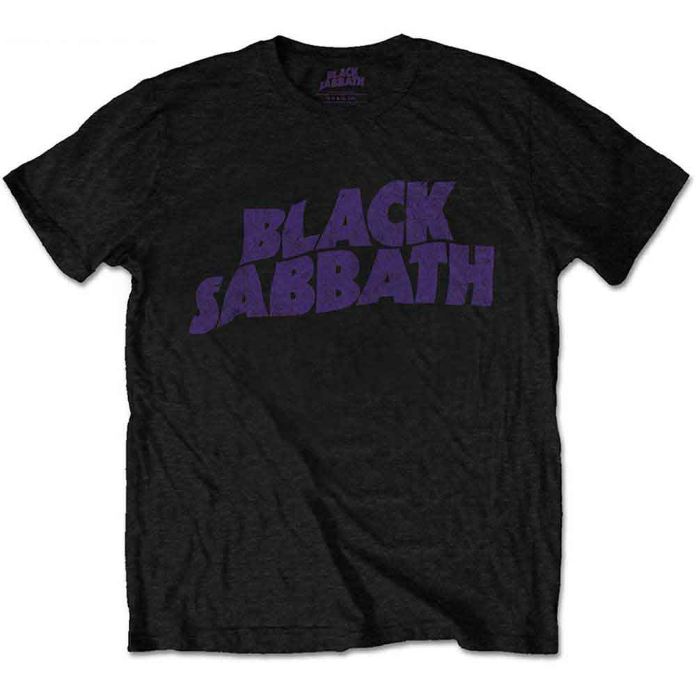 White kids' t-shirt with purple wavy "Black Sabbath" logo print.
