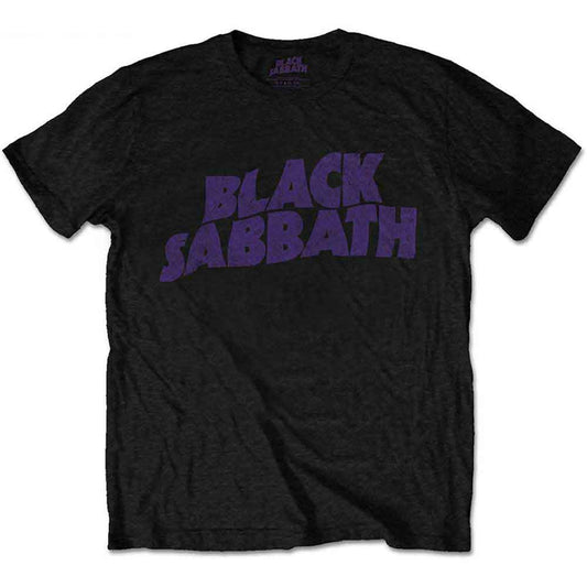 White kids' t-shirt with purple wavy "Black Sabbath" logo print.
