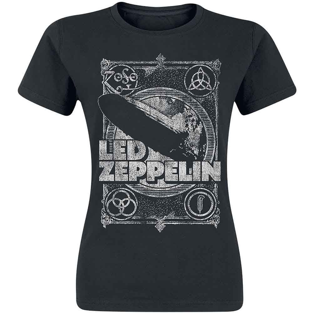 Black women's t-shirt with a vintage Led Zeppelin graphic print.