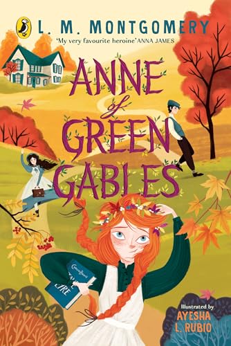 Illustrated book cover featuring Anne of Green Gables and a rural landscape.