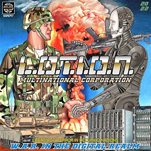 Vinyl album cover: soldier, robot, explosions, and digital cityscape.