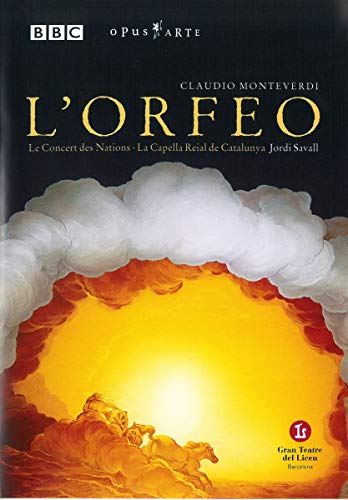 DVD cover for L'Orfeo opera, featuring clouds and a fiery sun.