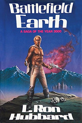 First edition cover of "Battlefield Earth" with a man and futuristic city.
