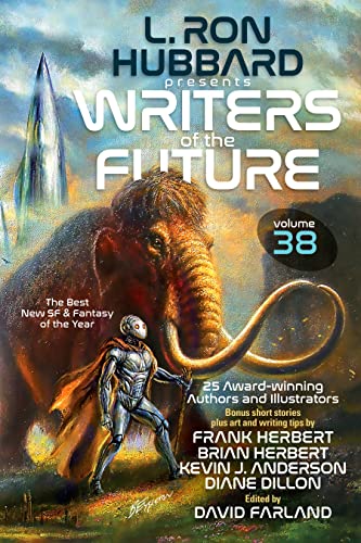 Book cover: robot, mammoth, and futuristic city in a fantasy landscape.