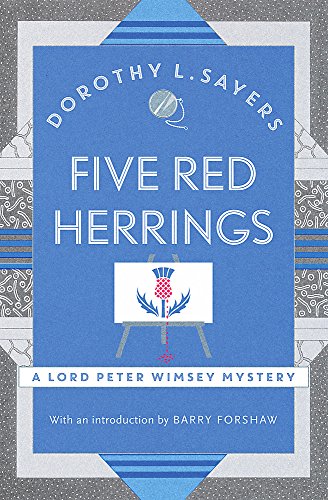 Book cover: “Five Red Herrings” by Dorothy L. Sayers, blue and white design.