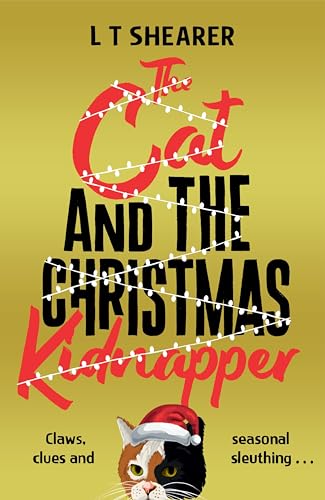 Book cover with text and a calico cat wearing a Santa hat.