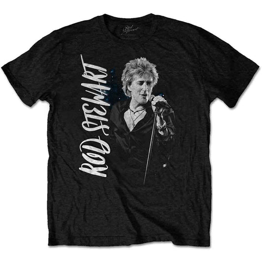 Black t-shirt with a white graphic of Rod Stewart singing into a microphone.