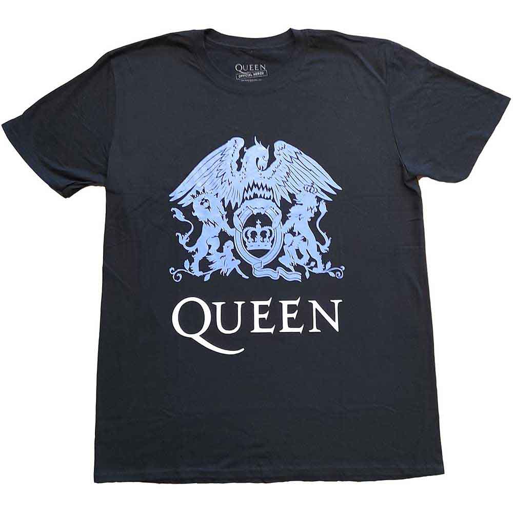 Black Queen t-shirt with blue crest logo and "QUEEN" text.