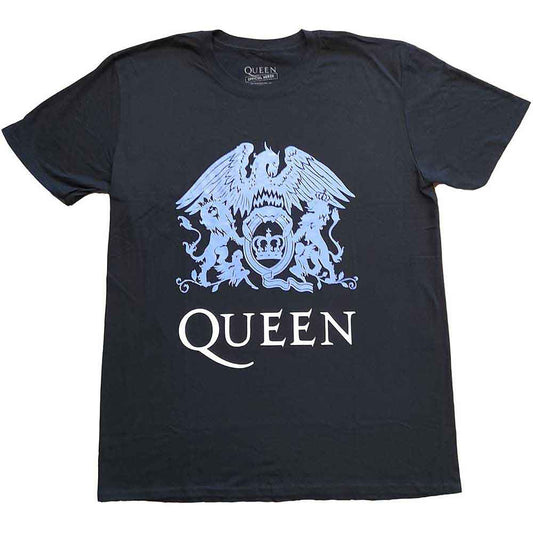Black Queen t-shirt with blue crest logo and "QUEEN" text.