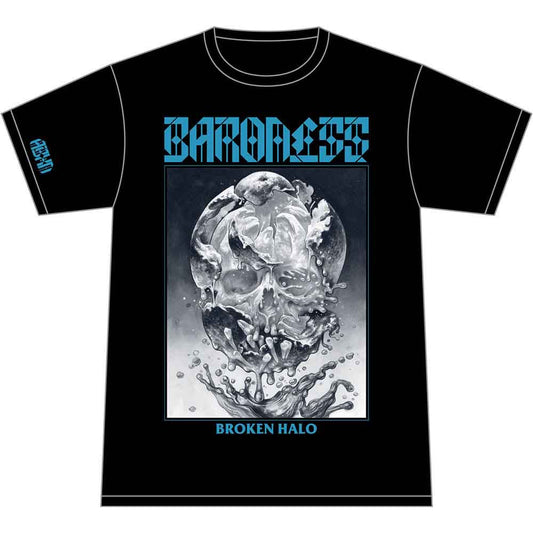 Black t-shirt with a graphic of a skull emerging from water.