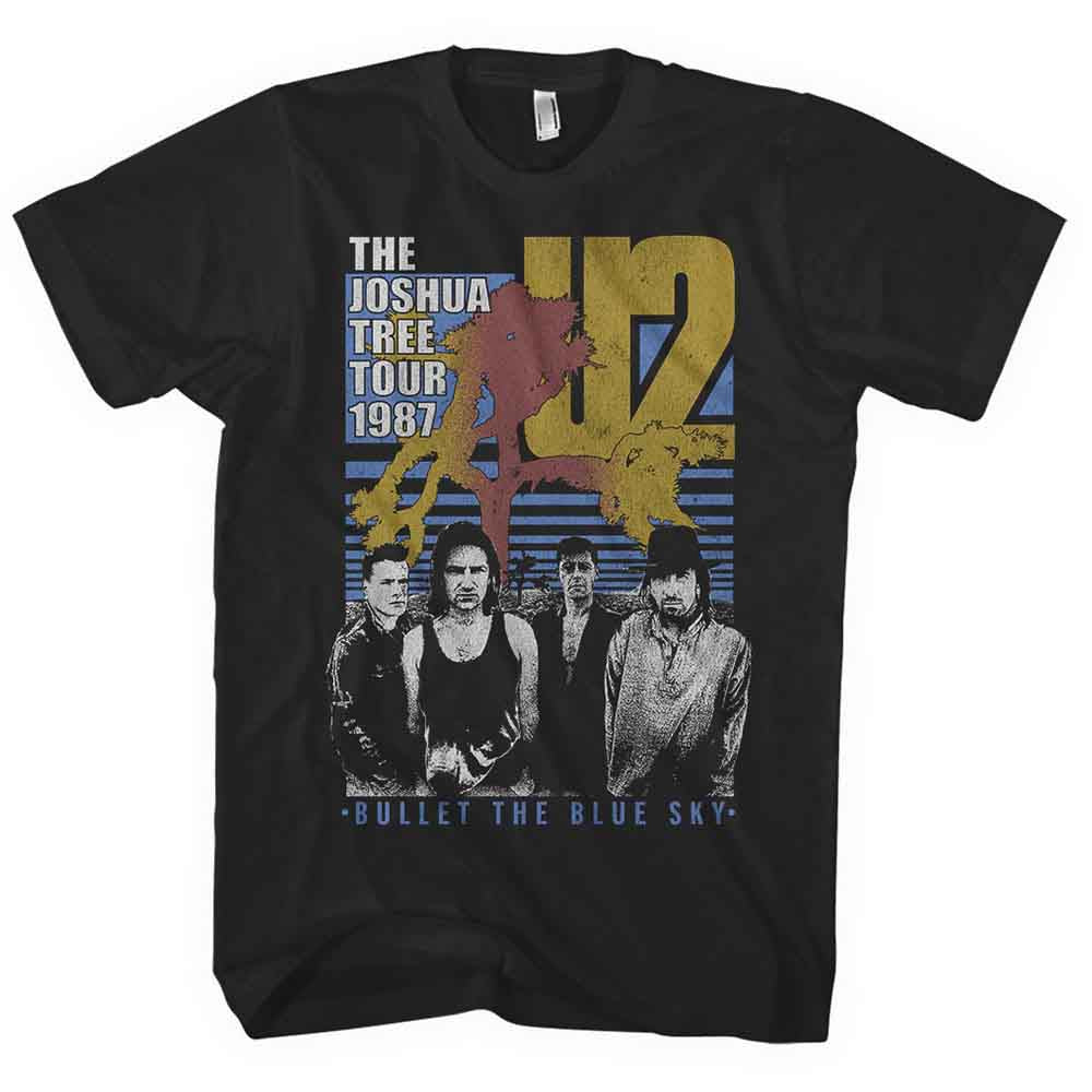 Black U2 t-shirt with band image and "Bullet the Blue Sky" text.