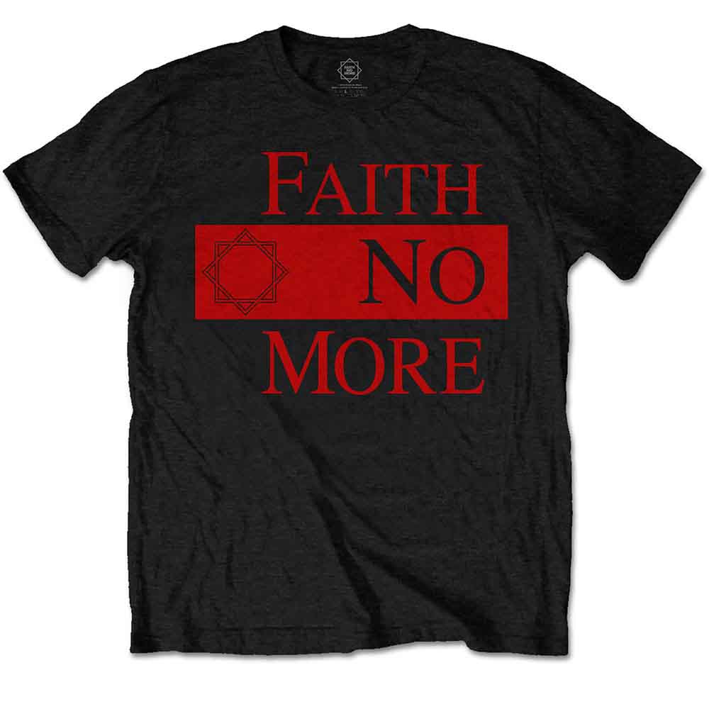 Red Faith No More t-shirt with band logo and star symbol.