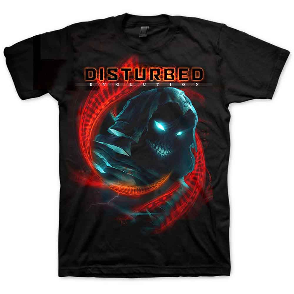 Black t-shirt with Disturbed's DNA swirl logo, size XX-Large.