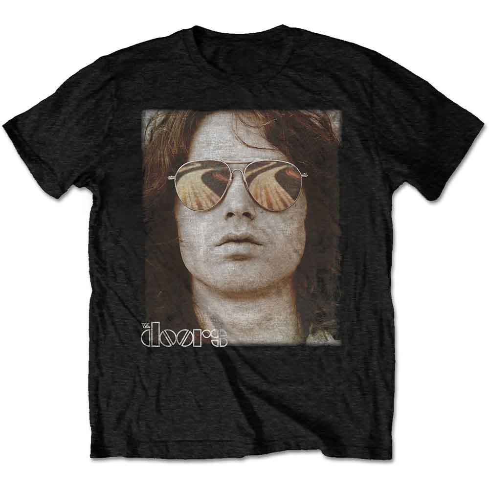 Black t-shirt with a portrait of Jim Morrison wearing sunglasses.