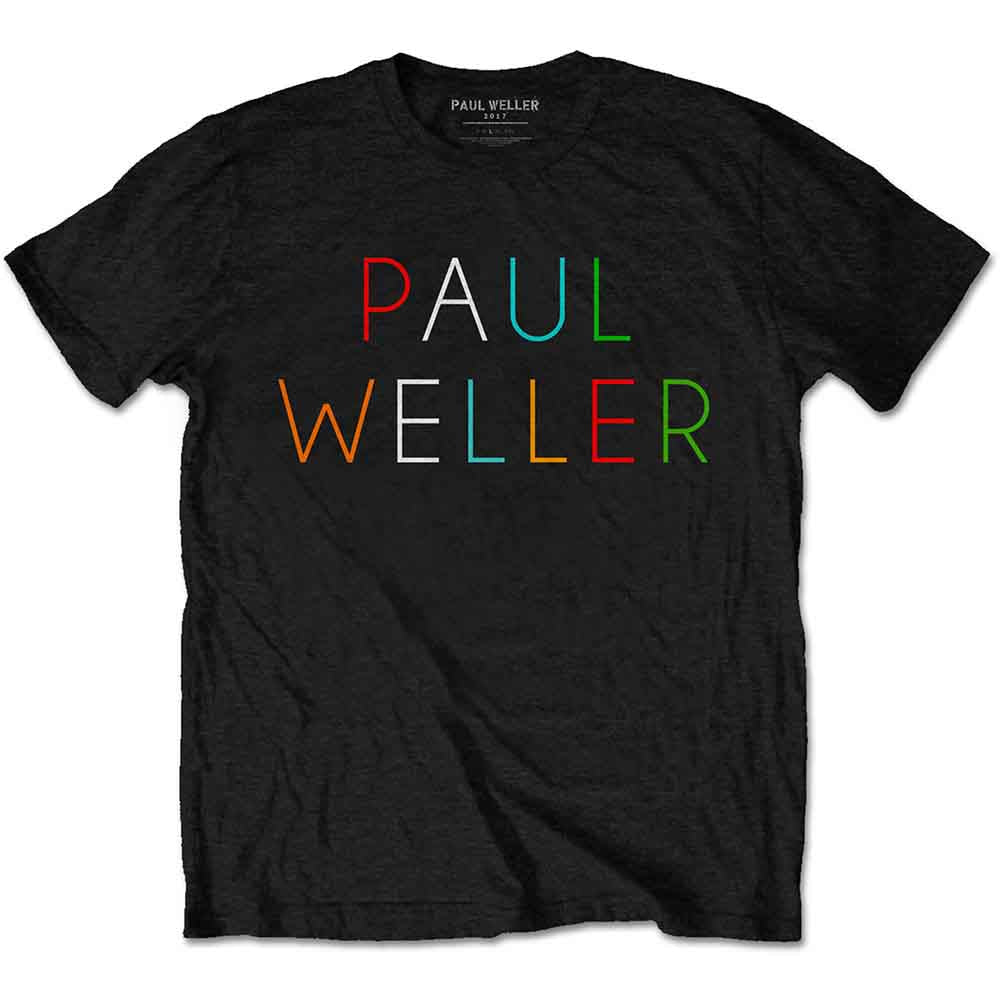 Black unisex t-shirt with multicoloured "Paul Weller" text logo.