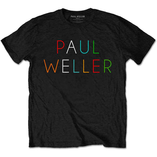 Black unisex t-shirt with multicoloured "Paul Weller" text logo.