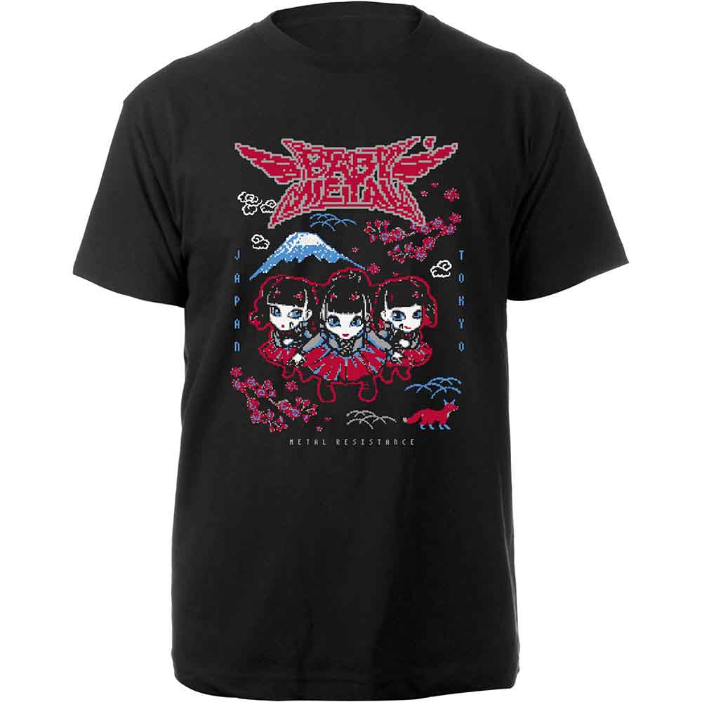 A man wearing a black t-shirt with a pixelated Babymetal graphic featuring Mount Fuji.