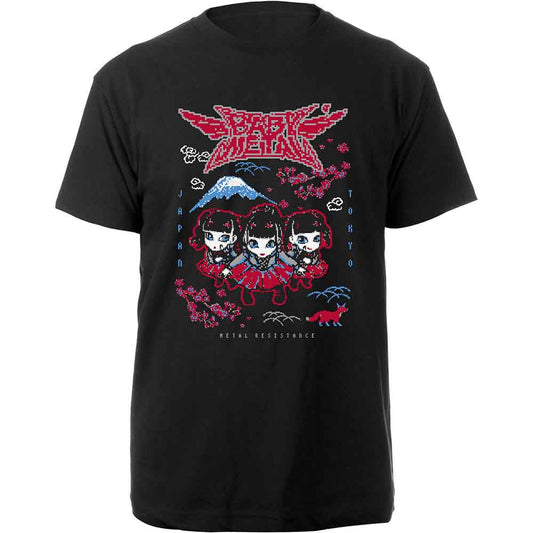 A man wearing a black t-shirt with a pixelated Babymetal graphic featuring Mount Fuji.
