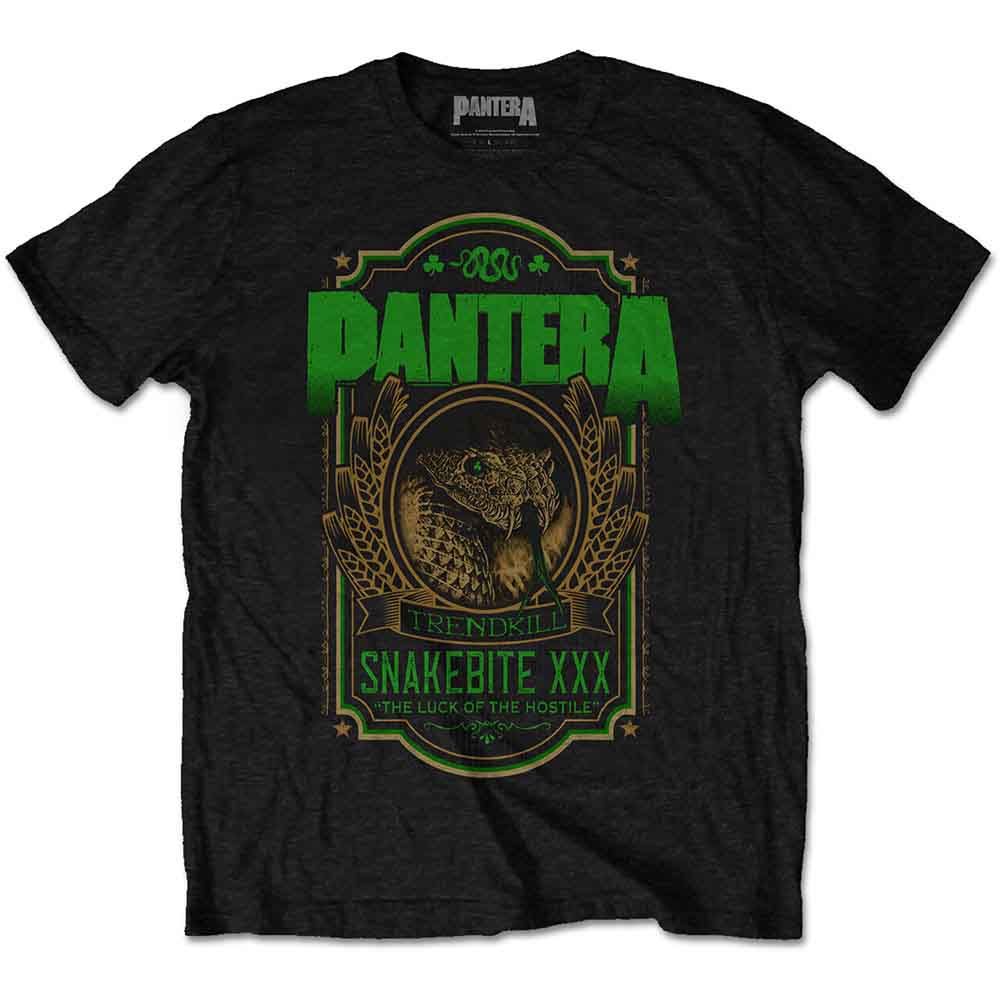 Black t-shirt with green Pantera "Snakebite XXX" graphic design.