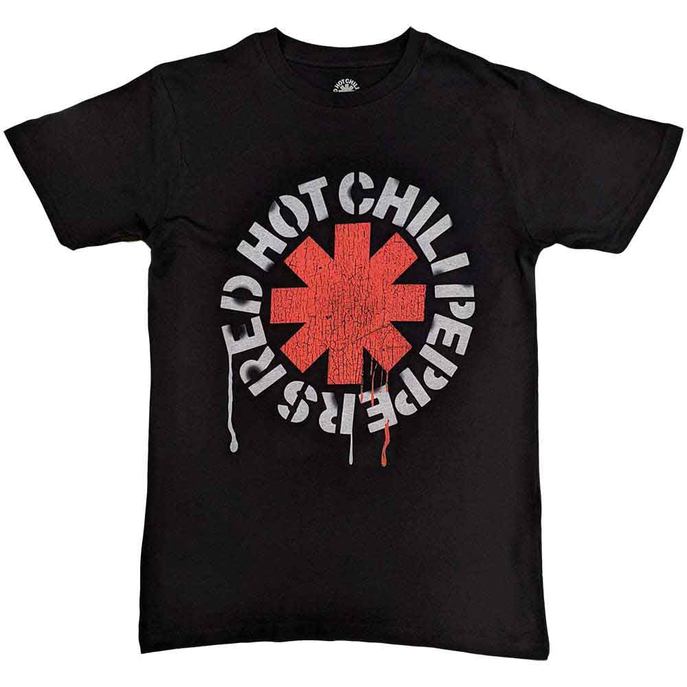 Black t-shirt featuring a red asterisk logo surrounded by grey stencil-style text.