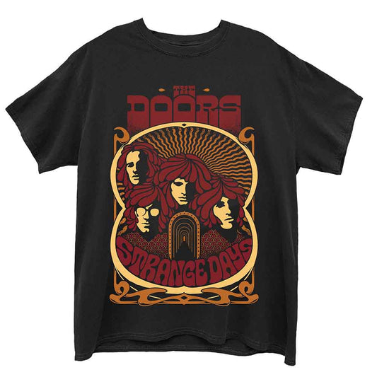Black t-shirt with a vintage poster graphic of The Doors band.