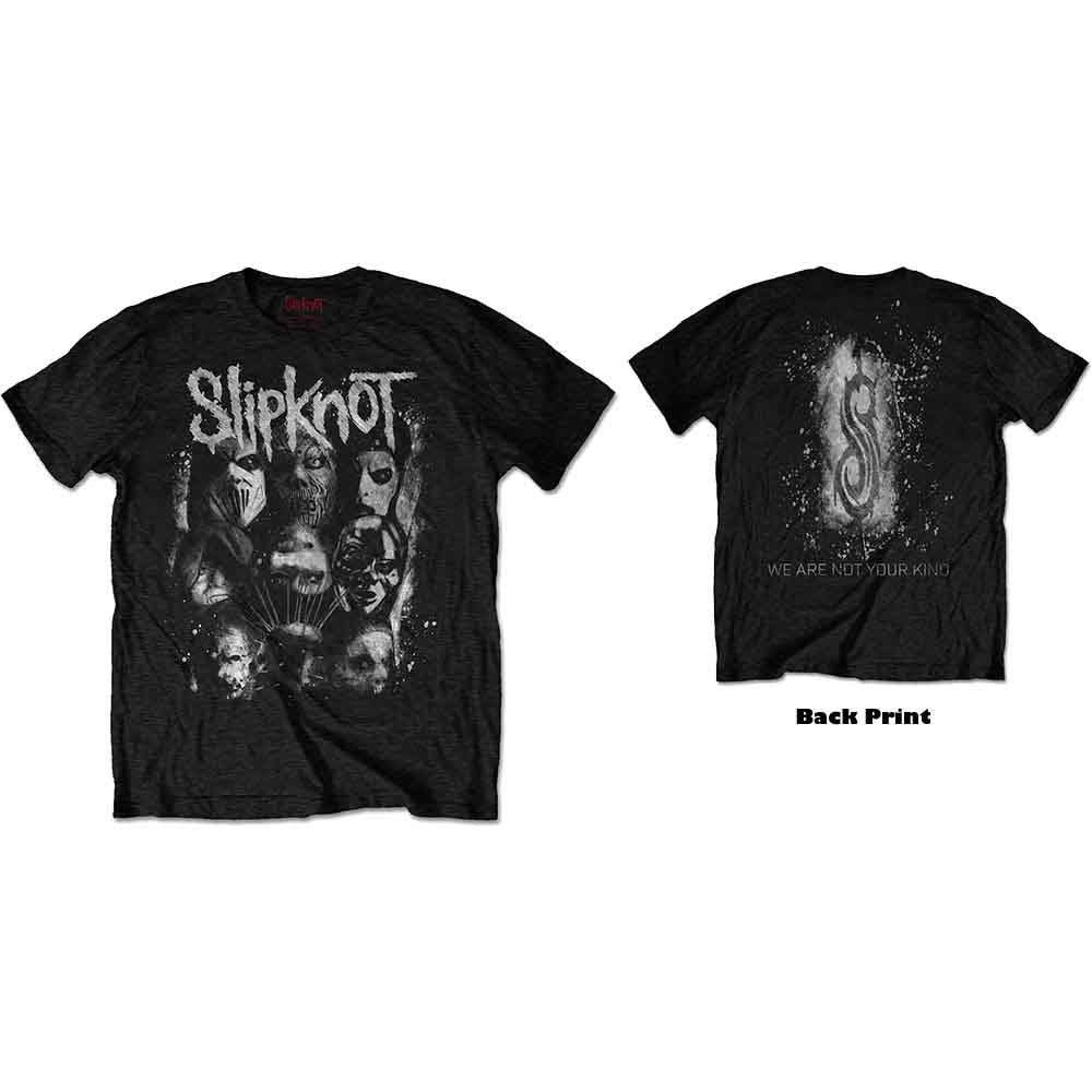 Black t-shirt with distressed white graphic of masked band members.