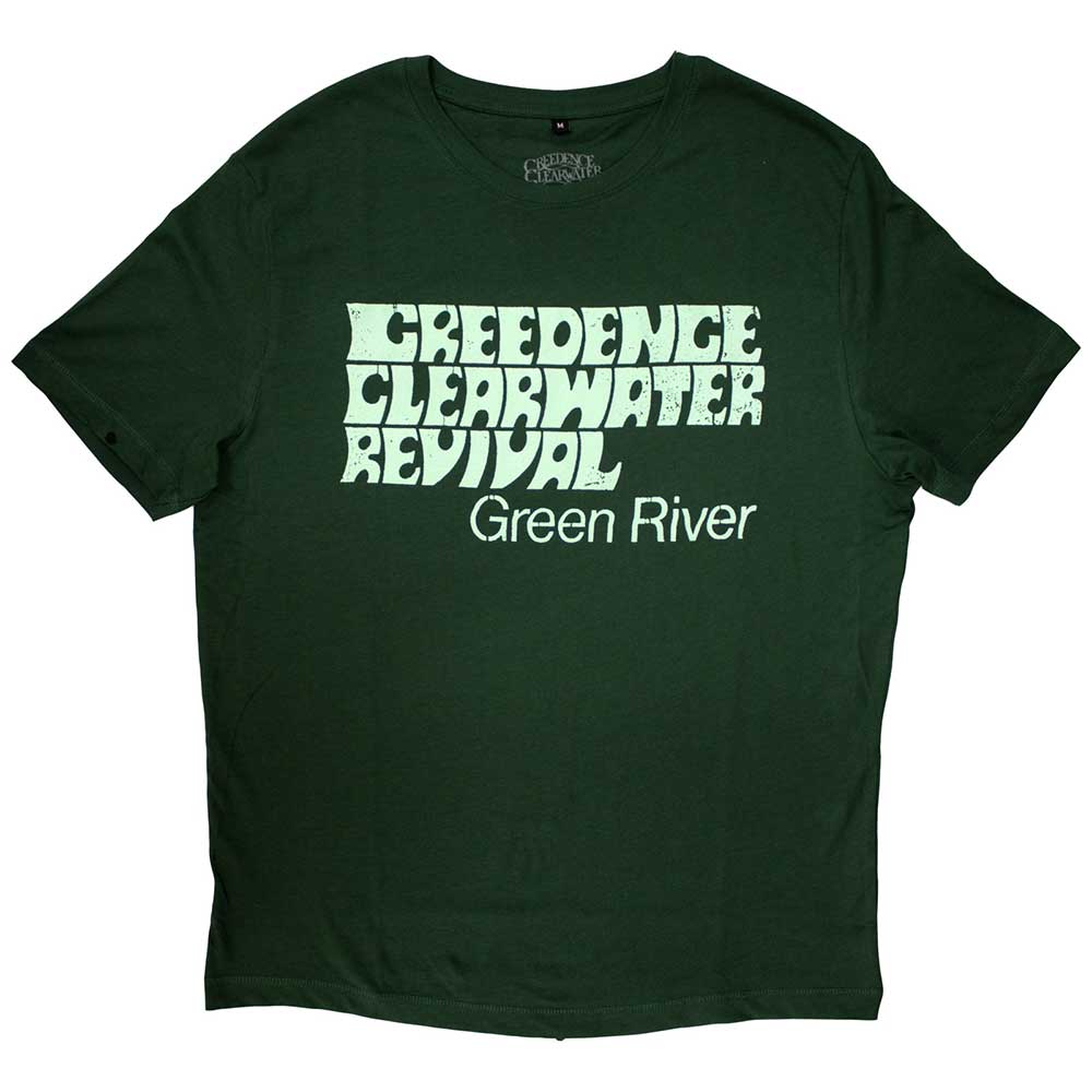 Green t-shirt with dark green “Creedence Clearwater Revival” and “Green River” text.