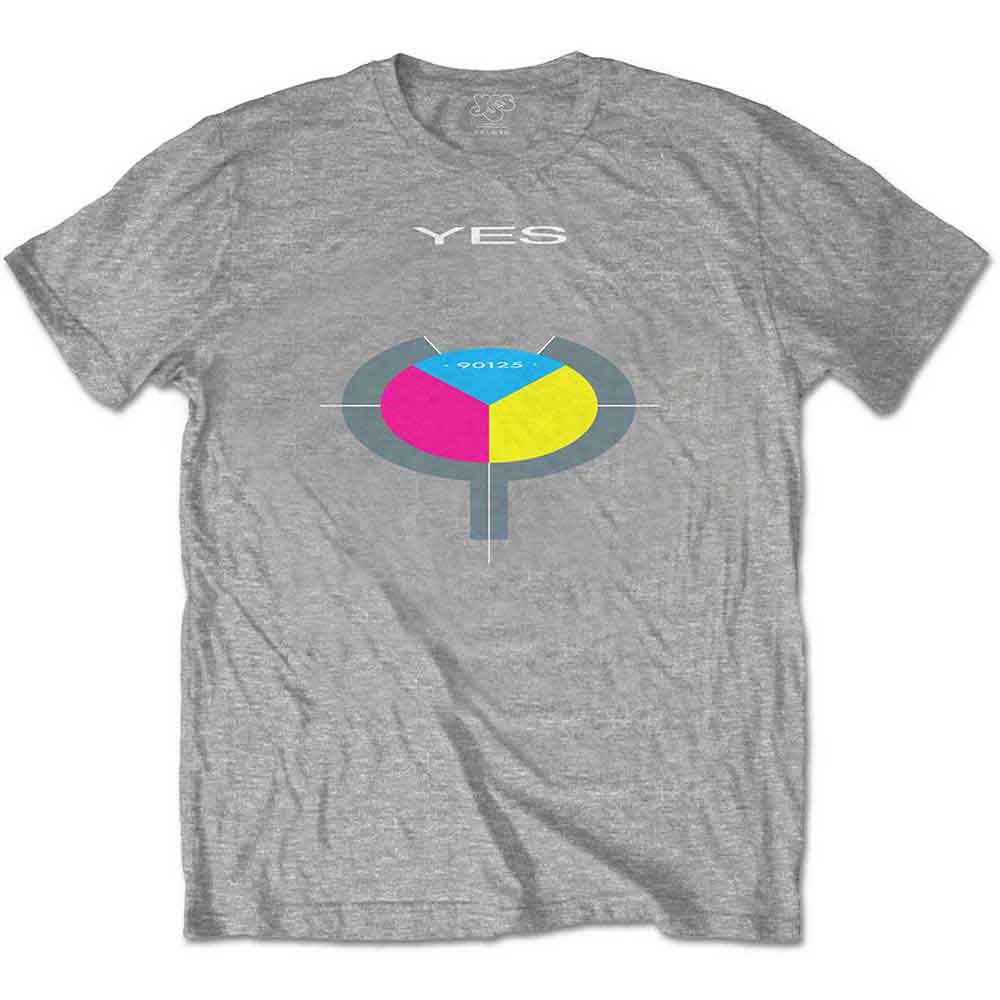 Grey t-shirt with a colorful "YES" album art graphic on the front.