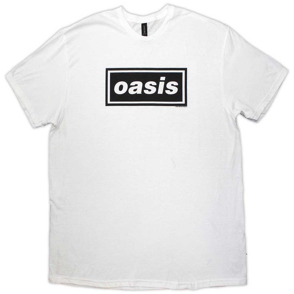 White t-shirt with black "oasis" logo, worn by a person with tattoos.