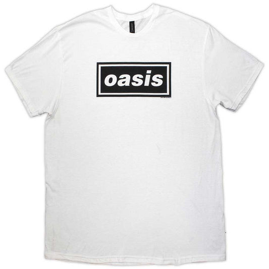 White t-shirt with black "oasis" logo, worn by a person with tattoos.