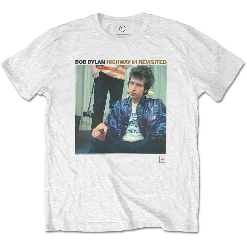 White heathered t-shirt featuring the Bob Dylan Highway 61 Revisited album cover graphic.