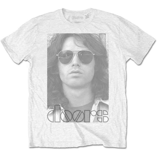 Gray t-shirt with a black and white portrait of Jim Morrison in aviator sunglasses.