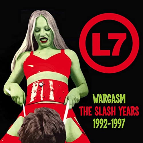 A green-skinned woman in red clothing stands above a person, with L7 logo above.