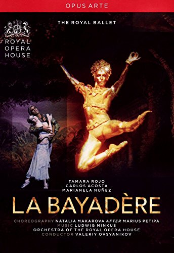 DVD cover for The Royal Ballet's La Bayadère featuring a golden dancer leaping.