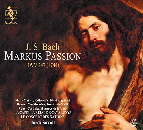 CD cover featuring a painting of Jesus with text detailing J.S. Bach's Markus Passion.