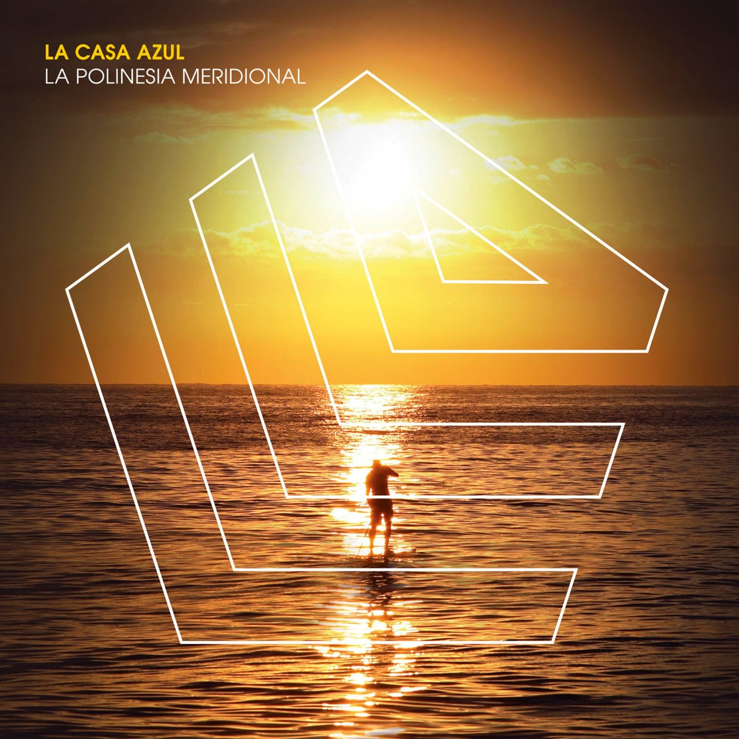 Vinyl album cover: sunset over ocean with silhouetted figure and white outline.