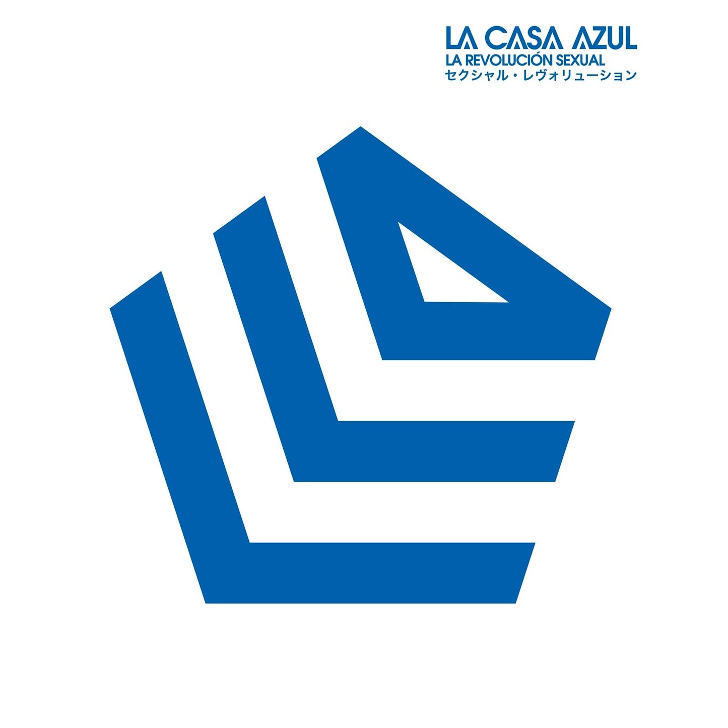 White background with a blue abstract geometric design and text.