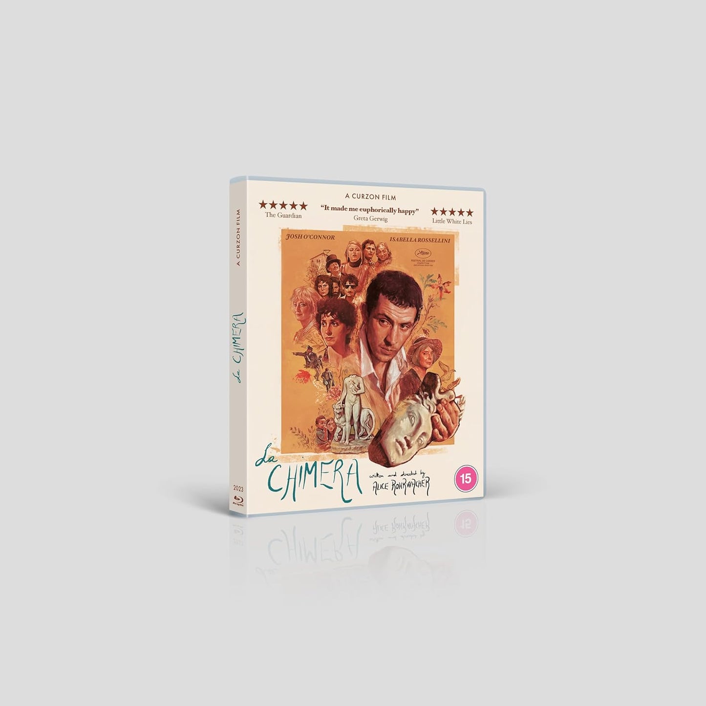 Blu-ray cover for "La Chimera" featuring a man with ancient statues.