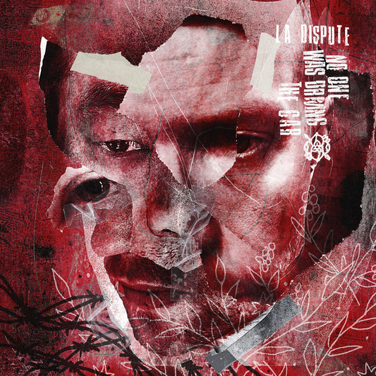 A collage of a person's face in red tones with tape and floral line art.