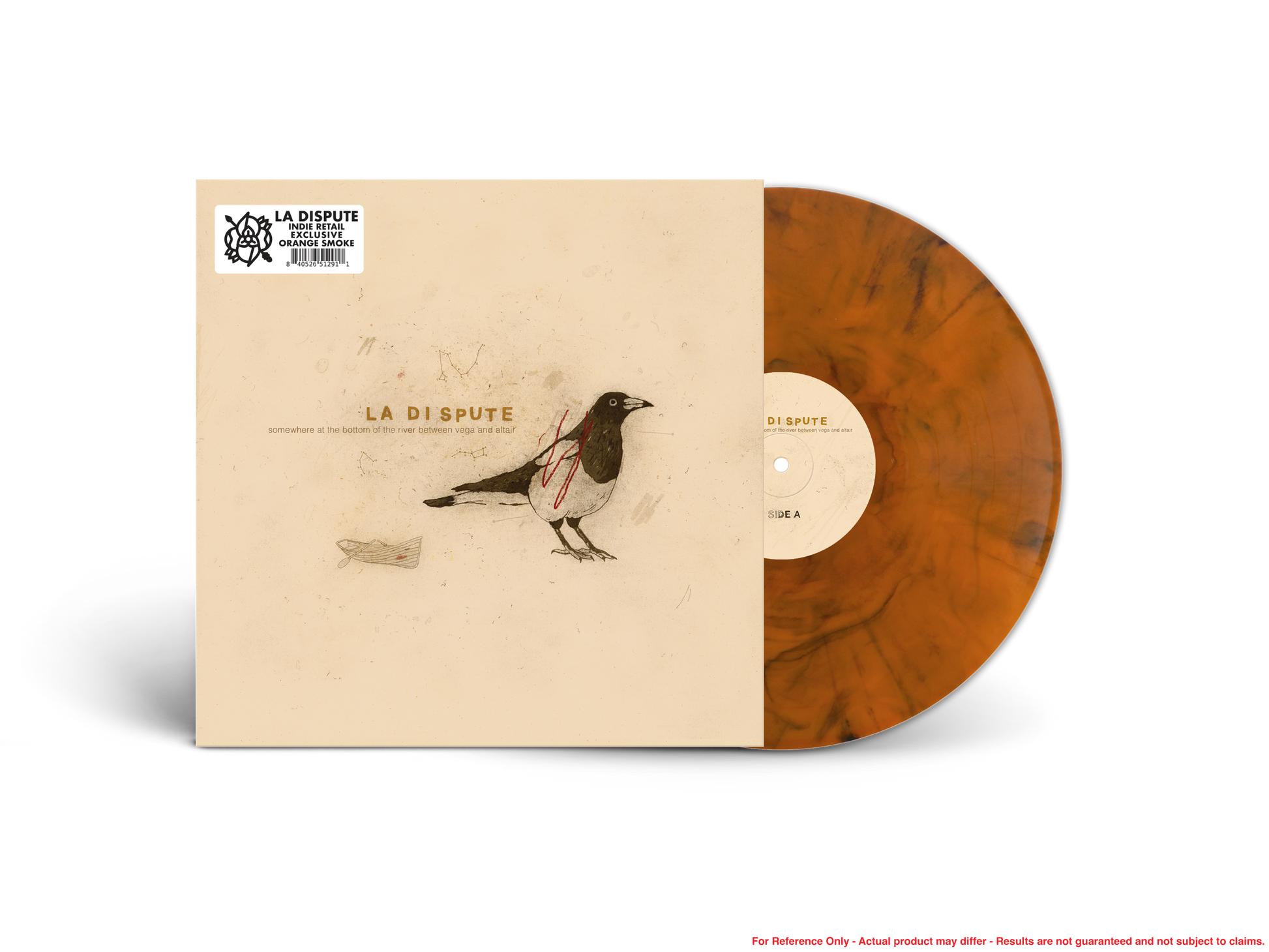 La Dispute album cover with a bird illustration and brown vinyl record.