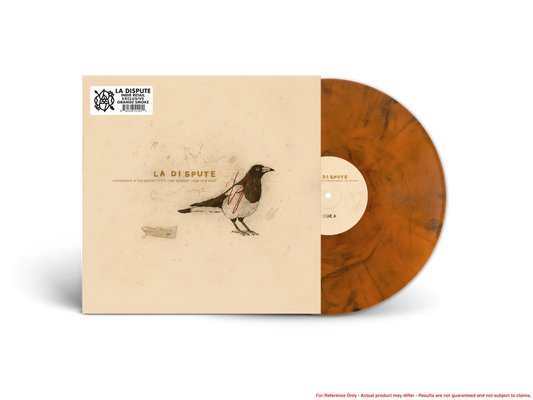 La Dispute album cover with a bird illustration and brown vinyl record.