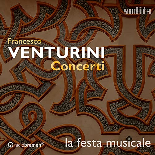 CD cover for Francesco Venturini’s “Concerti” with ornate brown design.