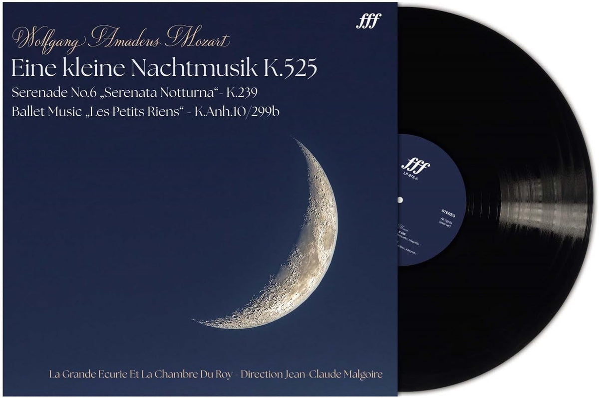 Vinyl record of Mozart’s “Eine kleine Nachtmusik” with crescent moon design.