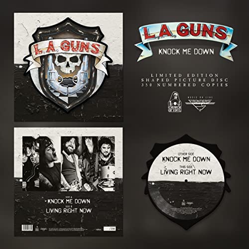 L.A. Guns Knock Me Down shaped picture disc vinyl with cover art and tracklist.