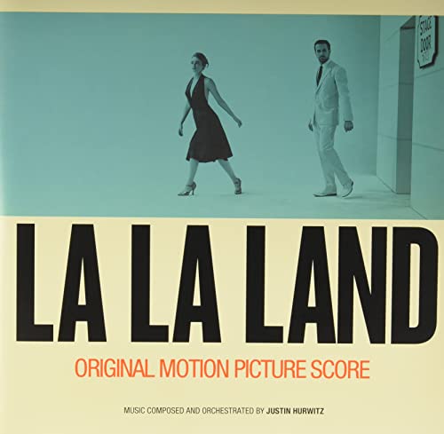 La La Land soundtrack album cover with film stars and bold title.