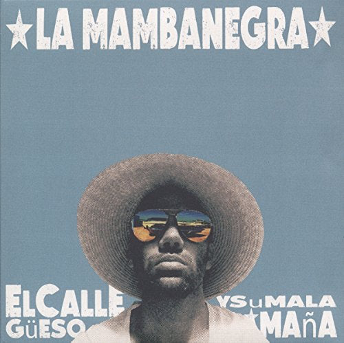 A man wearing a hat and sunglasses on a blue album cover.